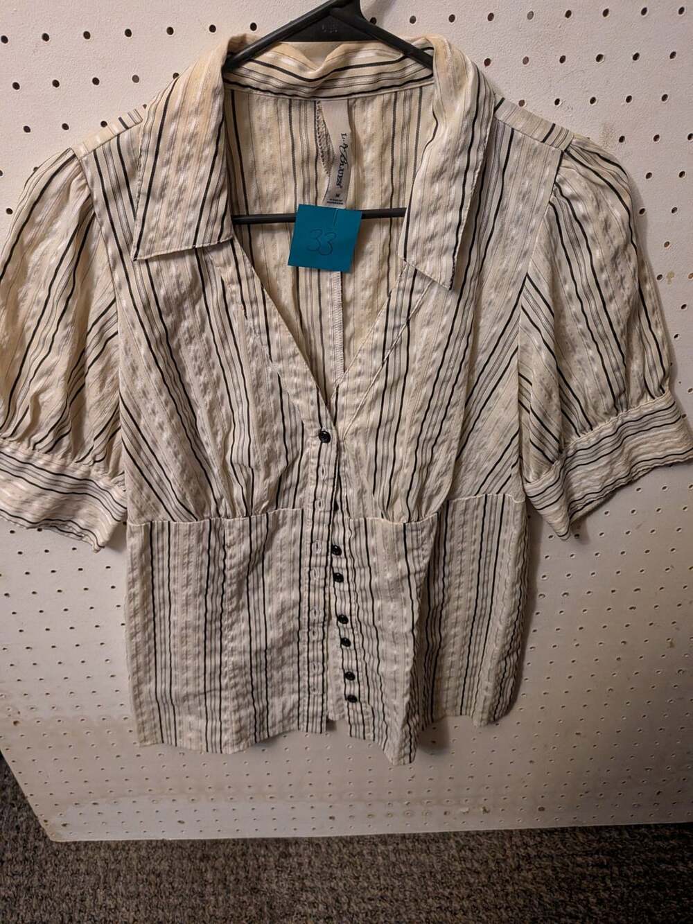 L.A. Blues Women's Striped V-Neck Short Sleeve Button-Up Blouse